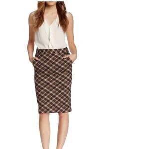Tory Burch Wool Skirt Hawthorne Plaid Pencil Preppy Designer Brown White S